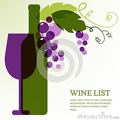 Wine bottle, glass and branch of grape with leaves. Vector Illustration