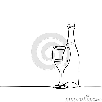 Wine bottle and glass contour. Vector Illustration