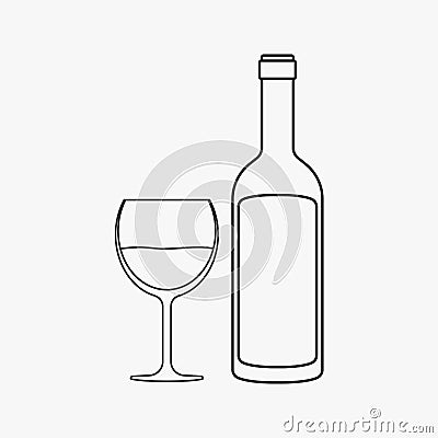 Wine bottle & glass flat black outline design icon Vector Illustration