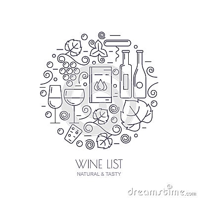 Wine bottle, glass, grape vine, leaf icons. Food and drink background. Vector Illustration