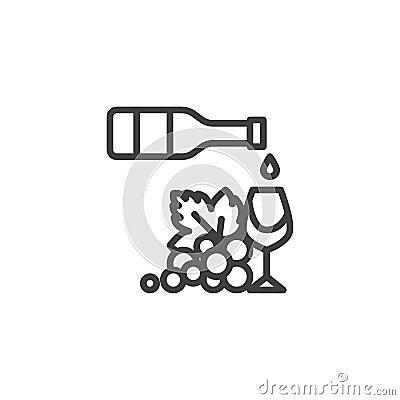 Wine bottle with glass and grapes line icon Vector Illustration