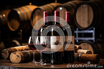 wine bottle and glass with oak wine barrel background Stock Photo