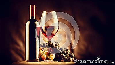 Wine. Bottle and glass of red wine with ripe grapes Stock Photo