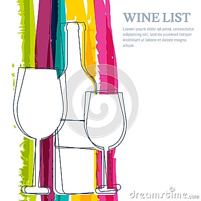 Wine bottle, glass silhouette and rainbow stripes watercolor bac Vector Illustration