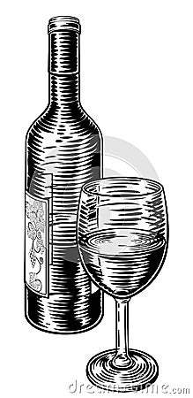 Wine Bottle and Glass Vintage Woodcut Engraving Vector Illustration