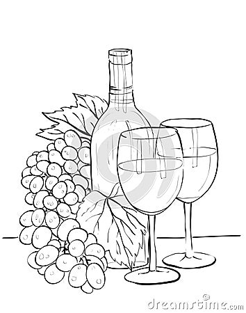 Wine bottle, glasses and grapes Vector Illustration