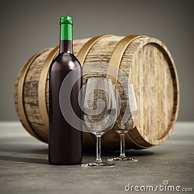 Wine bottle, glasses and old barrel. 3D illustration Cartoon Illustration