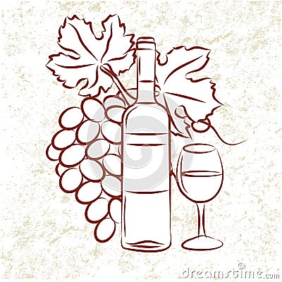 Wine Bottle and Grapes Vector Illustration