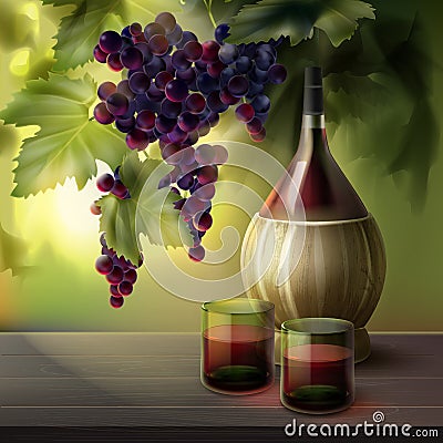 Wine bottle and grapes Vector Illustration