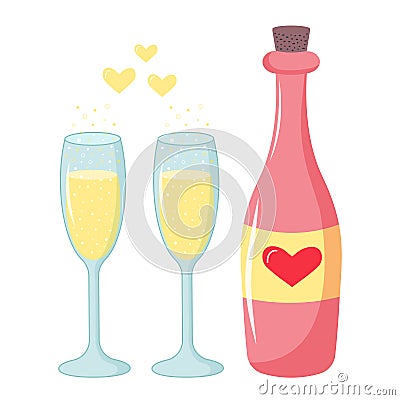 Wine bottle with heart label and two glasses of champagne with sparkling bubbles and yellow hearts Vector Illustration