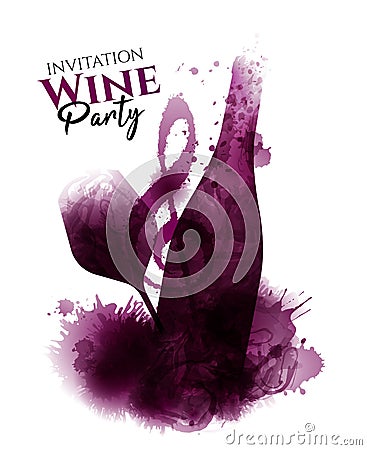 Wine bottle illustration, wine glass and music symbol. Artistic illustration with red wine stains in the background Vector Illustration