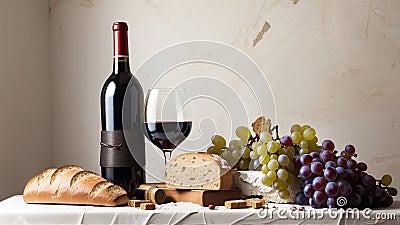 Wine bottle and wine glass still life with grap Stock Photo