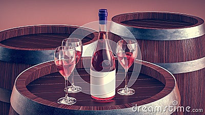 Wine bottle and wine glass on wodden barrel. Stock Photo