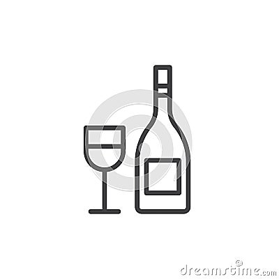 Wine bottle with wineglass line icon, outline vector sign, linear style pictogram isolated on white. Vector Illustration