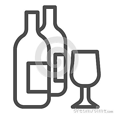 Wine bottles and glass line icon. Two alcohol drink bottle and wineglass outline style pictogram on white background Vector Illustration