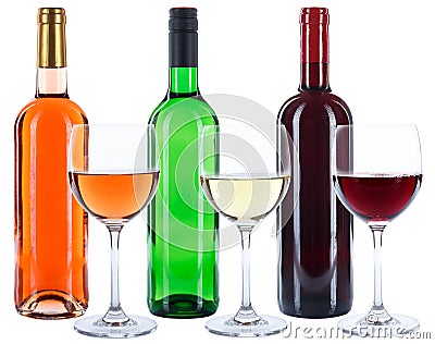 Wine bottles glasses red white rose alcohol isolated Stock Photo