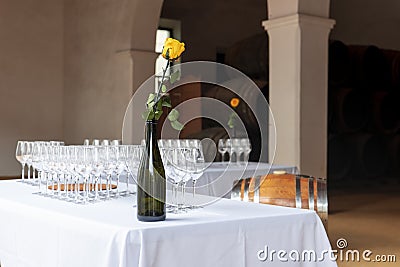 wine bottles and glasses in spanish bodella, la rioja, red wine and white wine Stock Photo