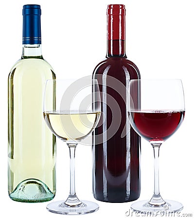 Wine bottles glasses wines red and white alcohol isolated Stock Photo