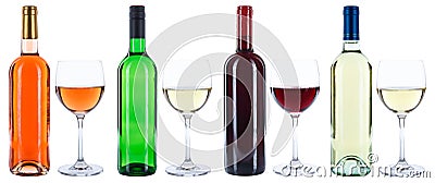 Wine bottles glasses wines red white rose isolated Stock Photo