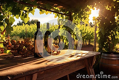 wine bottles on a wooden bench in a sunlit vineyard Stock Photo