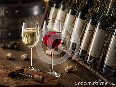 Wine bottles on the wooden shelf. Stock Photo