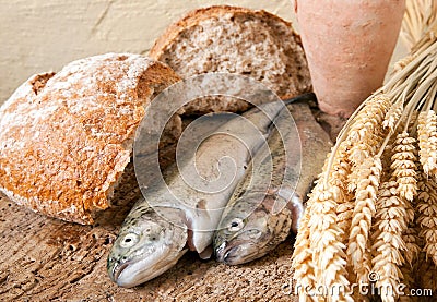 Wine bread and fish Stock Photo