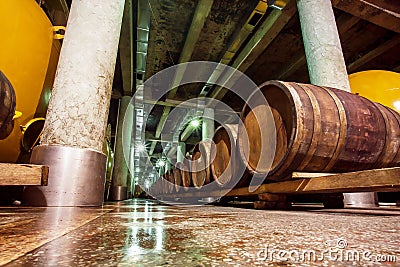 Wine cellar with old oak barrels and metal cisterns of winery Editorial Stock Photo