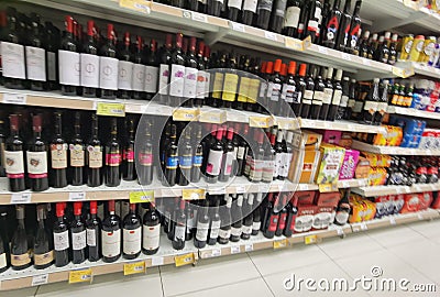 Wine cellar in super market shelf many bottles and wines Editorial Stock Photo