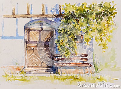 Wine cellar watercolors painted Stock Photo