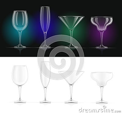 Wine, champagne, martini, margarita cocktail glasses Vector Illustration