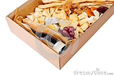 Wine Cheese Carton Box Isolated Delivery Closeup Stock Photo