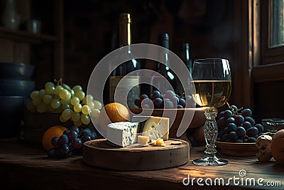 Wine, cheese and grapes in a vintage setup. Neural network AI generated Stock Photo