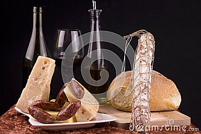 Wine Cheese Sausage Bread Stock Photo