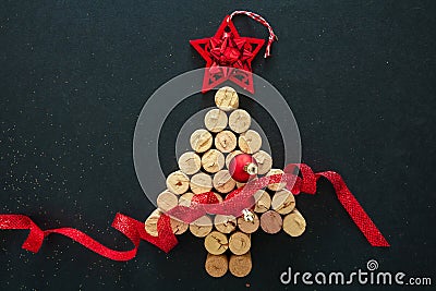 Wine corks christmas tree, festive decoration, black background Stock Photo