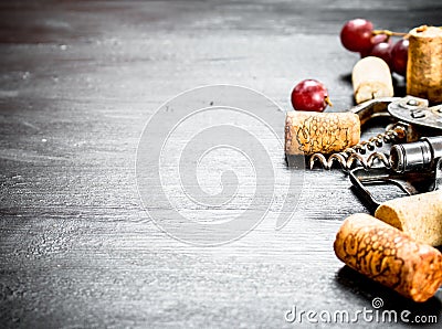 Wine corks with corkscrew and grape branch. Stock Photo