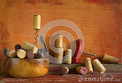 Wine corks and corkscrews, Stock Photo