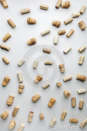 Wine corks on a light background. The view from the top. Art. Minimalism Editorial Stock Photo