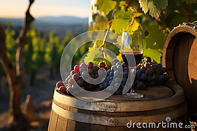 Wine country charm Red wine and aging barrel amidst green vineyards Stock Photo