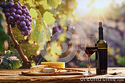 Wine culture and degustation. Bottle and glass with red wine, wooden board with different cheese with grape branches on Stock Photo