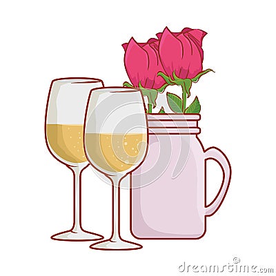 Wine cups with rose in jar Vector Illustration