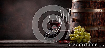 Wine decanter, glass and old wooden barrel Stock Photo