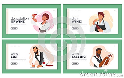 Wine Degustation Landing Page Template Set. Sommelier or Stewards Restaurant Expert Characters Provide Wine Services Vector Illustration