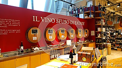 Wine department of various Italian regions and spirits in Rome`s Eataly. also characterized by the sale of bulk wines Editorial Stock Photo