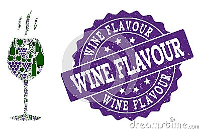 Wine Flavour Collage of Wine Bottles and Grape and Grunge Stamp Vector Illustration