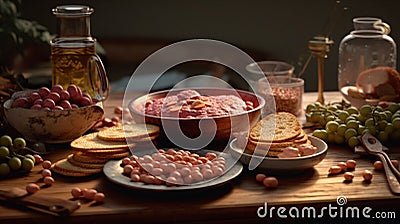 wine, food, cheese, appetizer, table, restaurant, plate, bar, drink, alcohol, snack, gourmet, toast, olives, almonds, crackers, Stock Photo