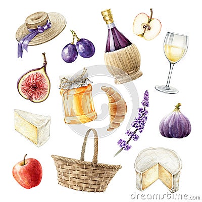Wine, fruit and cheese watercolor set. Picnic gastronomy set of beverage and tasty fresh snacks. Hand drawn picnic Stock Photo
