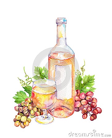 Wine glass, bottle of pink wine with vine leaves and grape berries. Watercolor Stock Photo