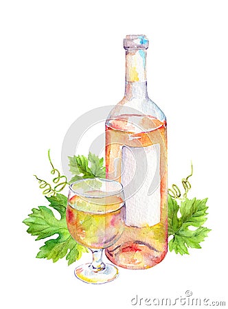 Wine glass, bottle with pink or white wine with vine leaves. Watercolor Stock Photo