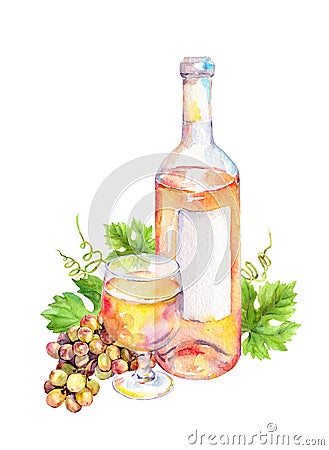 Wine glass, bottle of white wine with vine leaves and grape berries. Watercolor Stock Photo