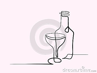 Wine and glass contour. Black outline vector. Vector Illustration